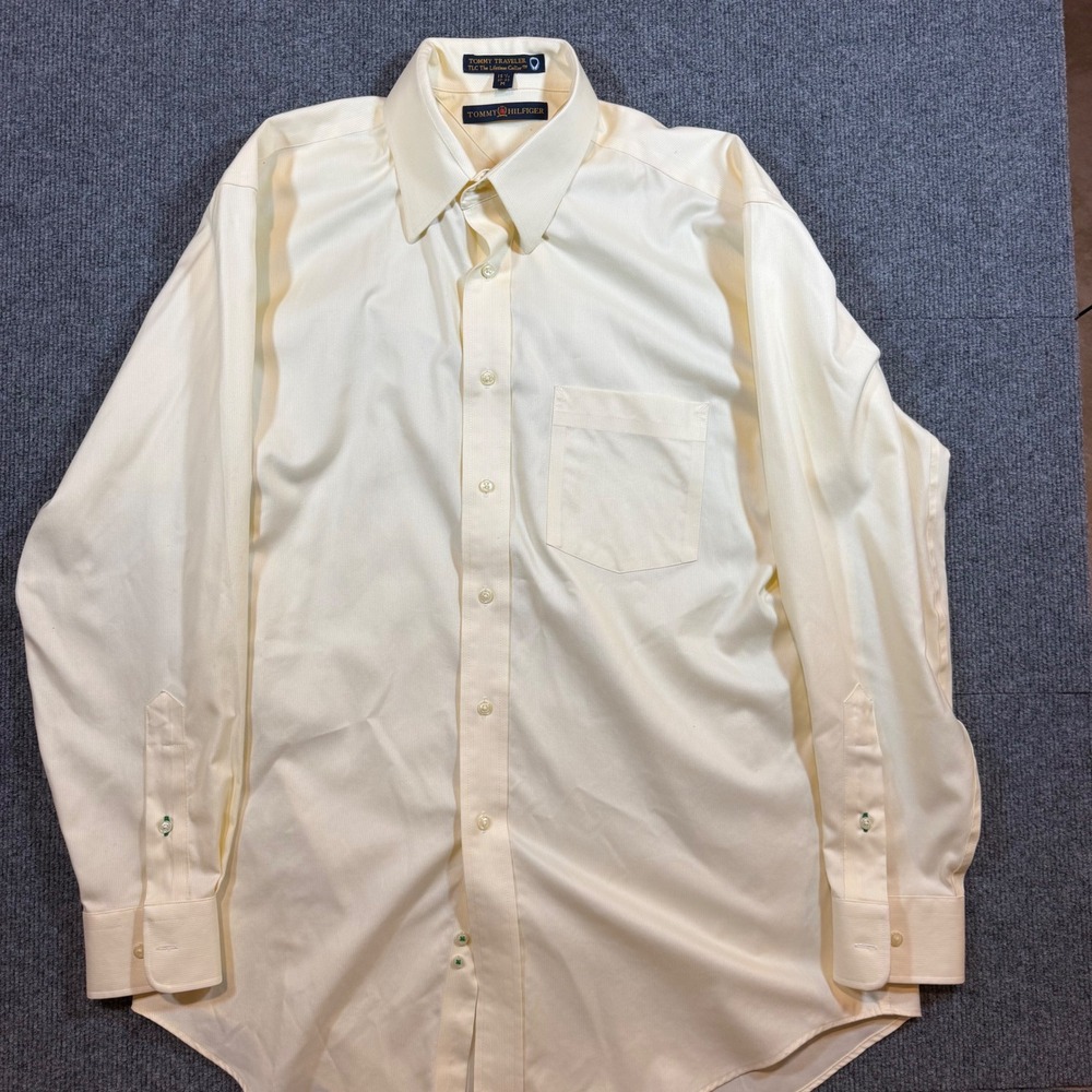 Tommy Hilfiger Tommy Traveler Mens 15.5 32-33 Yellow Striped Cotton Dress Shirt
